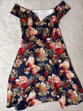 Navy Floral Off-Shoulder Fit & Flare Dress